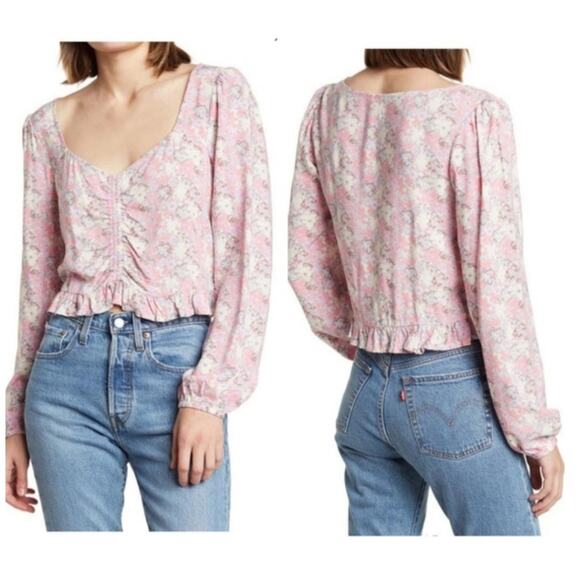 New Abound Women's Long Sleeve Crop Top with Ruffle Hem Ruching in Pink Floral - Picture 1 of 6